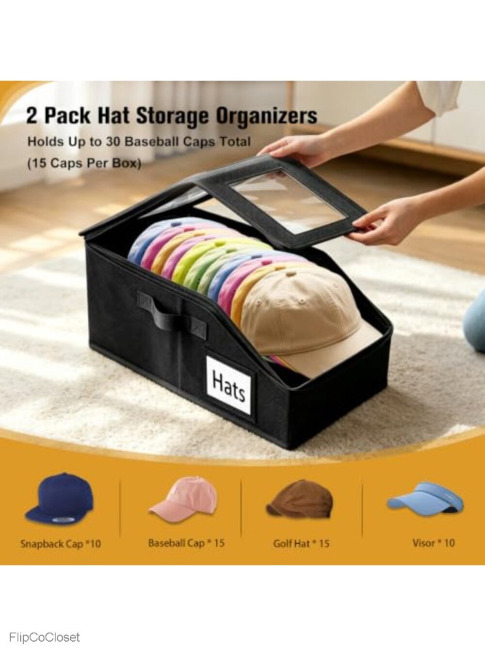 Stackable Hat Organizer, Large Capacity Baseball Cap Storage Box - Picture 3 of 6